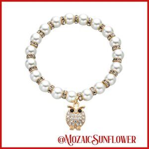 Mother of Pearl Crystal Owl Charm Bracelet